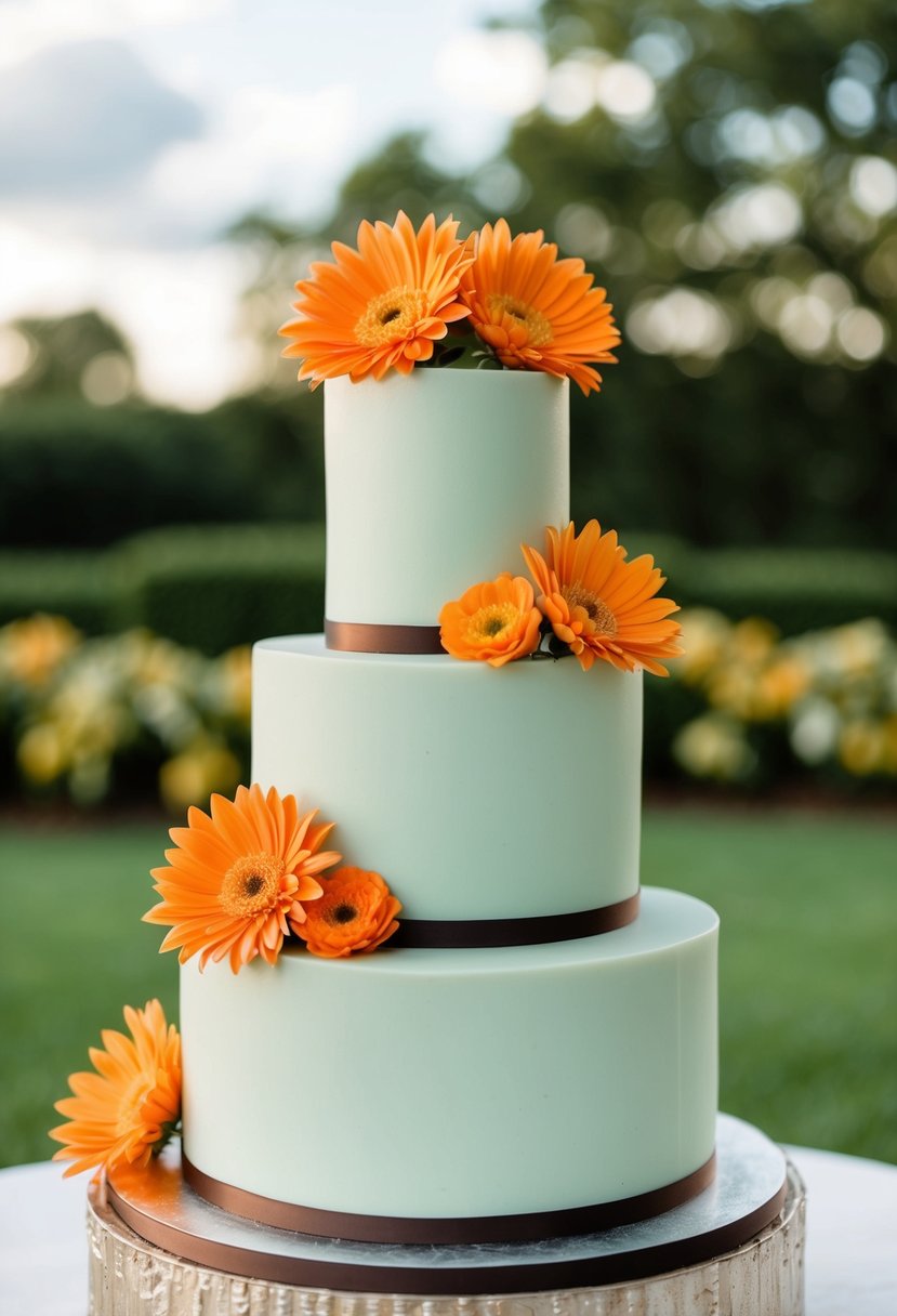 A three-tiered sage green wedding cake adorned with orange flowers