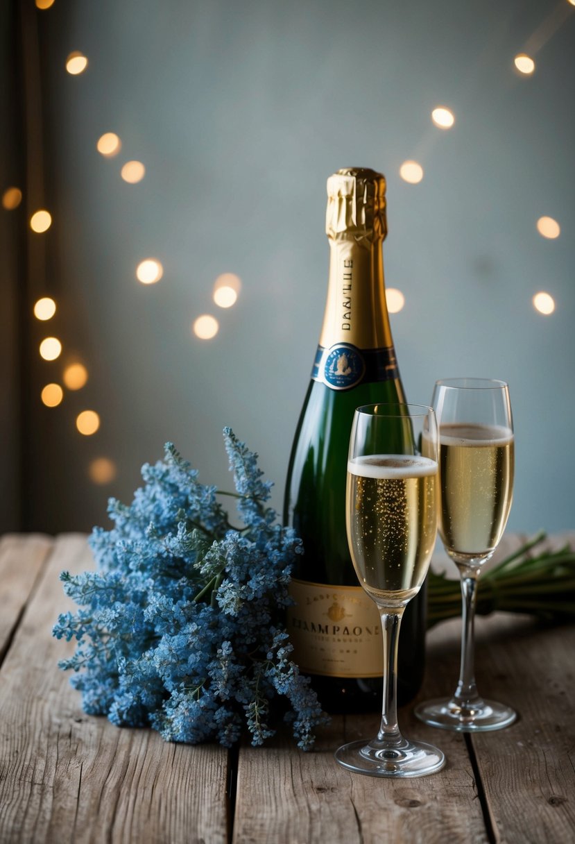 A bottle of champagne sits next to a bouquet of dusty blue flowers on a rustic wooden table. A soft, romantic glow illuminates the scene