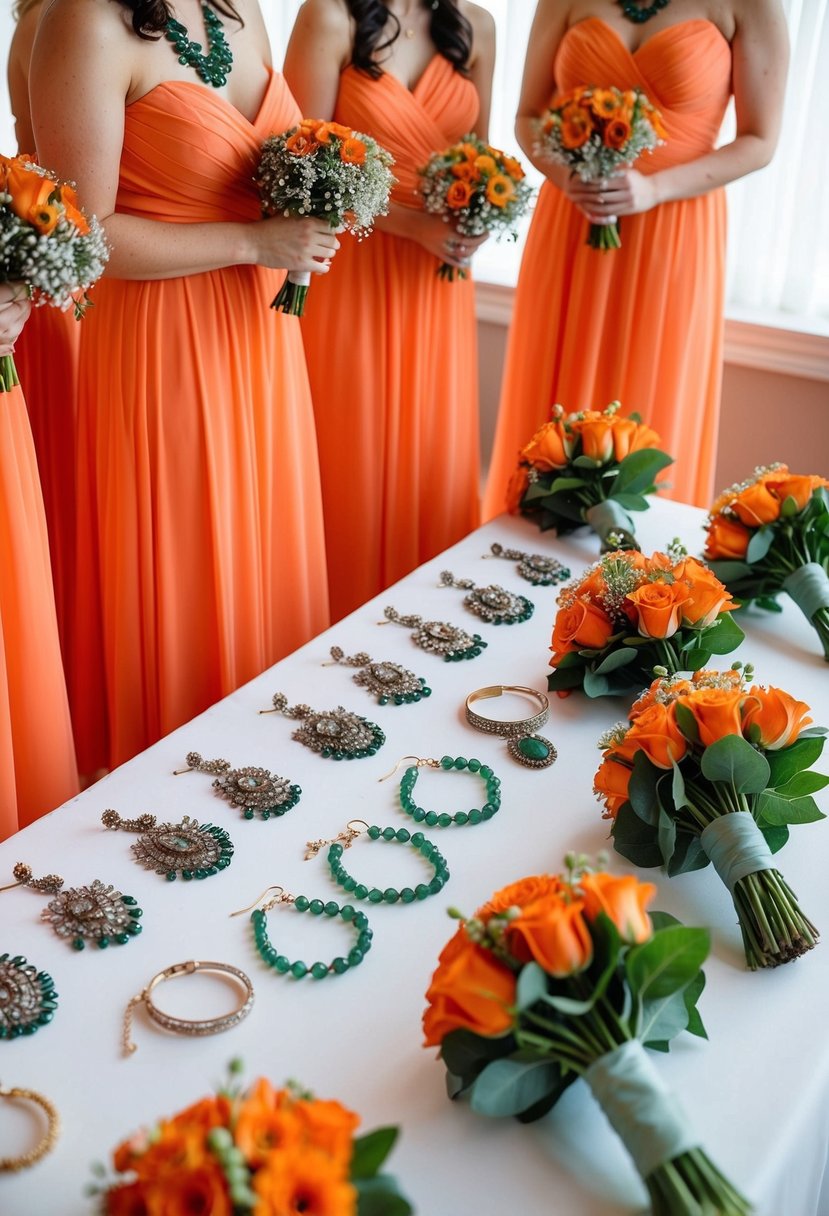 Orange bridesmaid dresses with sage green jewelry arranged on a table. Bouquets of orange and green flowers nearby