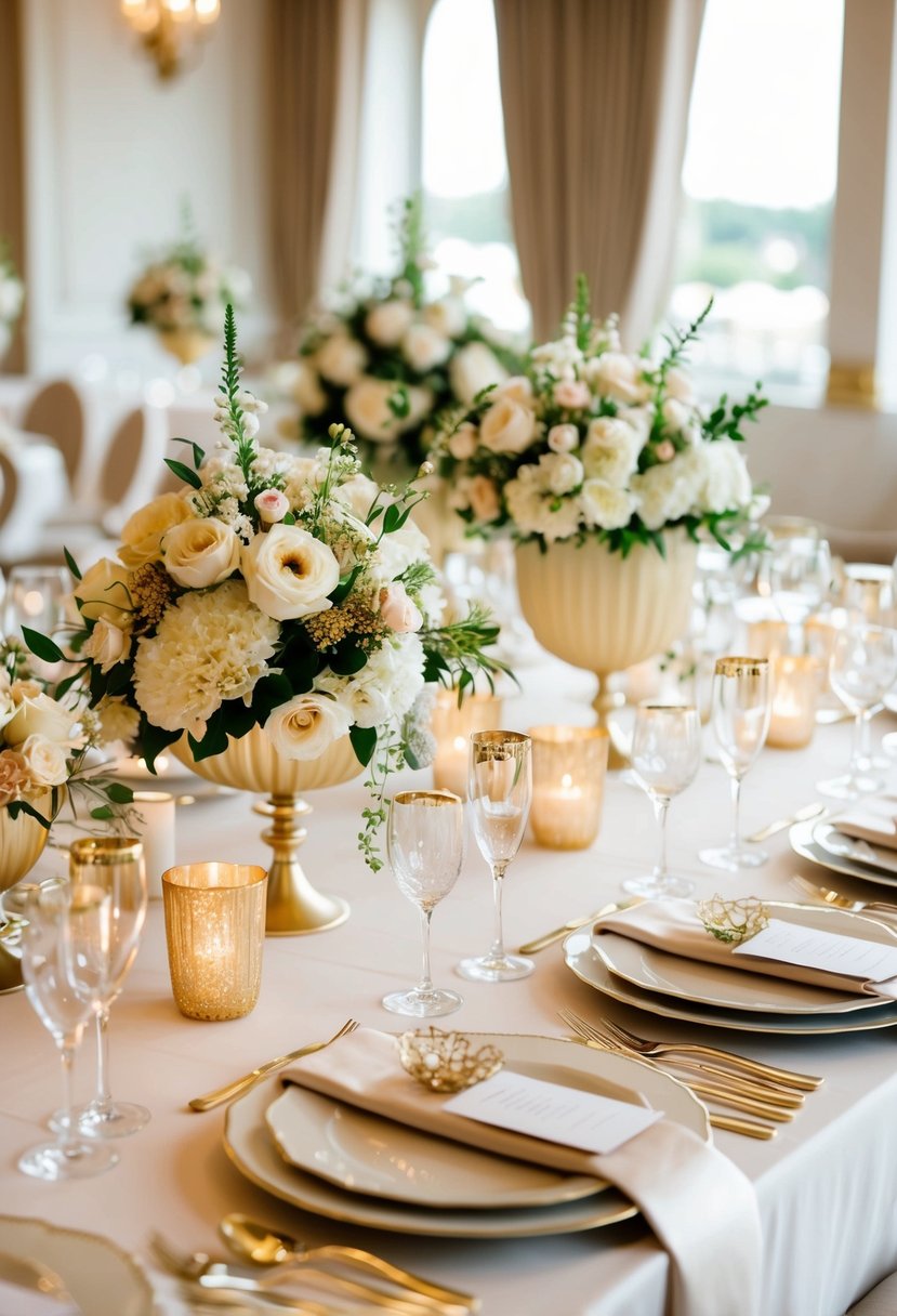 A luxurious champagne and ivory wedding table setting with elegant floral centerpieces and golden accents