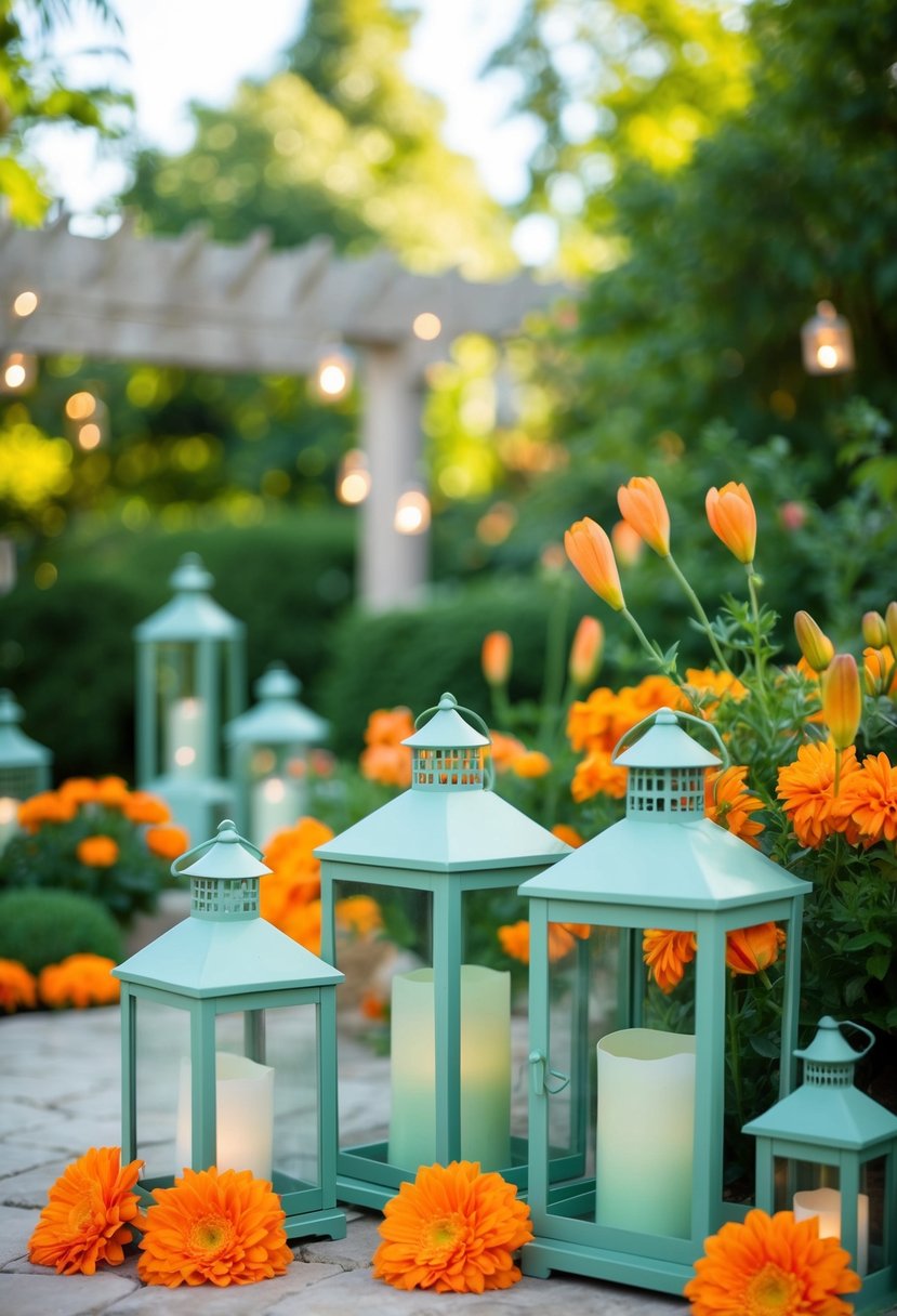 A tranquil garden adorned with sage green lanterns, accented with vibrant orange flowers and ribbons