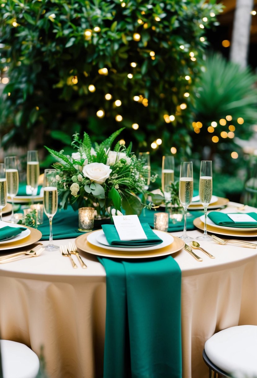 A table set with champagne and emerald green accents, surrounded by lush greenery and sparkling lights