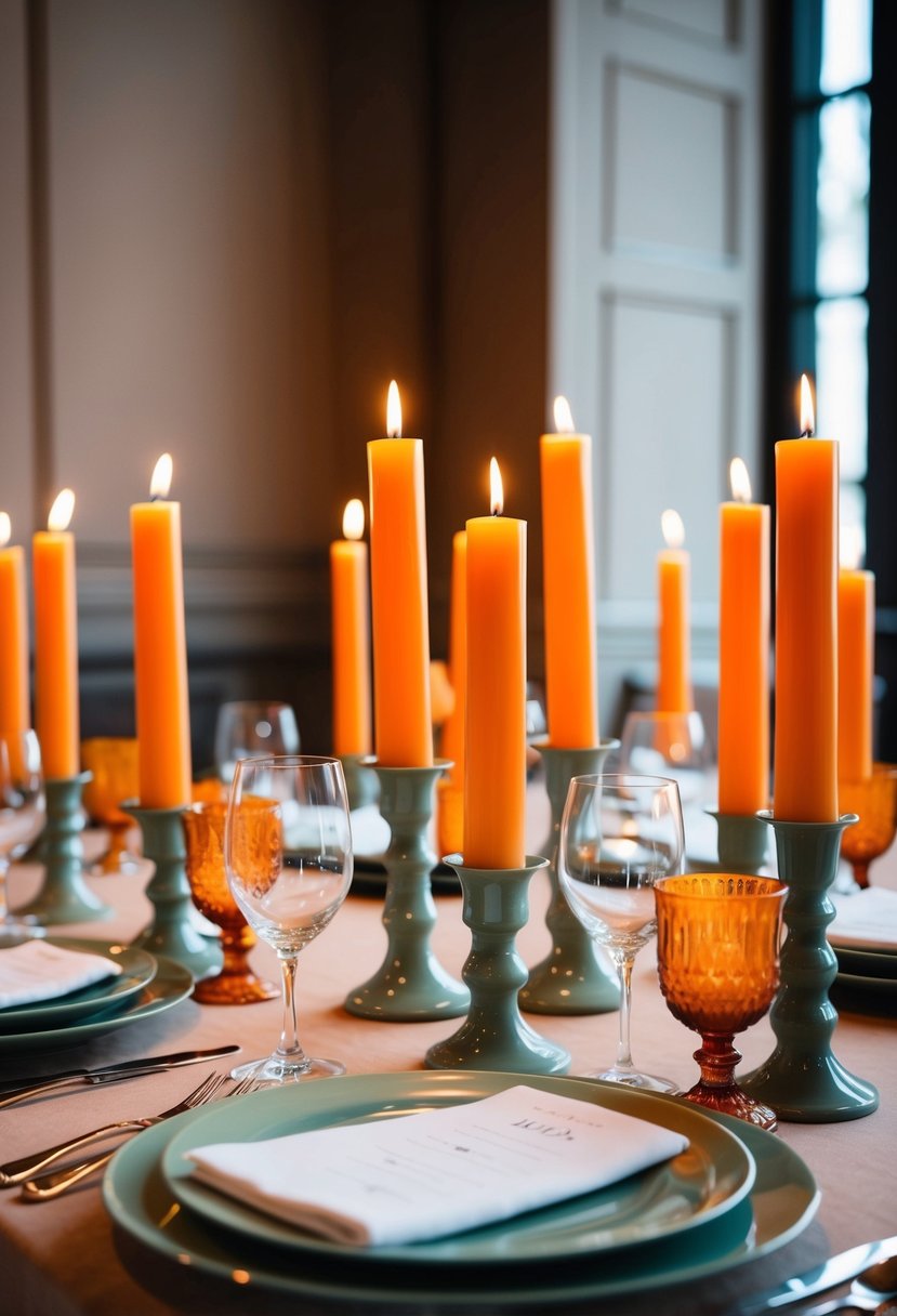 A table set with orange taper candles in sage green holders, creating a warm and elegant atmosphere for a wedding