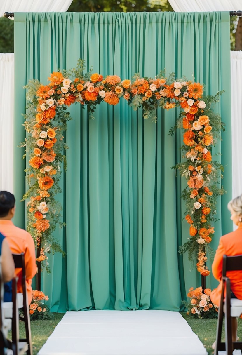 A sage green backdrop adorned with vibrant orange florals for a wedding ceremony