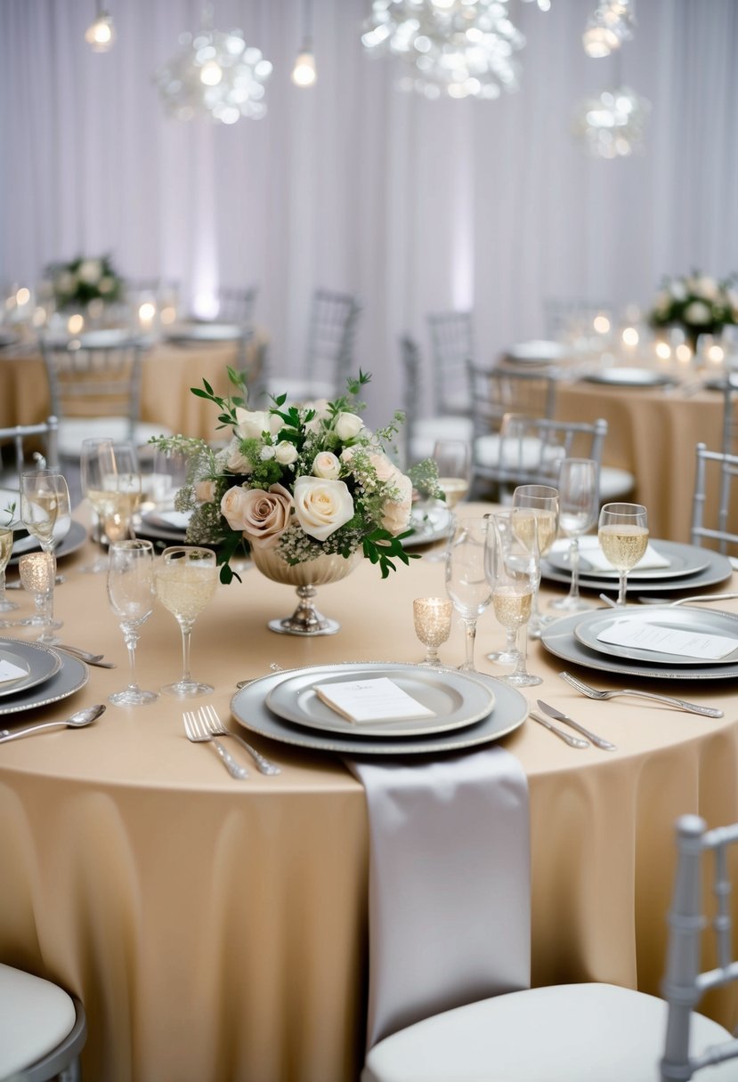 Silver and champagne wedding decor: silver highlights on champagne tablecloths, shimmering glassware, and delicate floral arrangements in muted tones