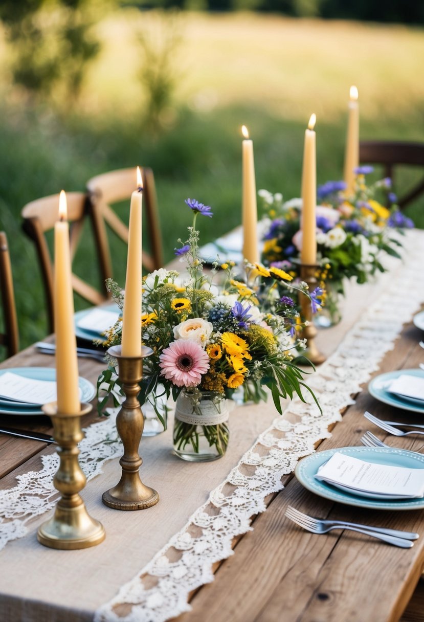 A rustic wooden table adorned with wildflower centerpieces, vintage candle holders, and delicate lace table runners