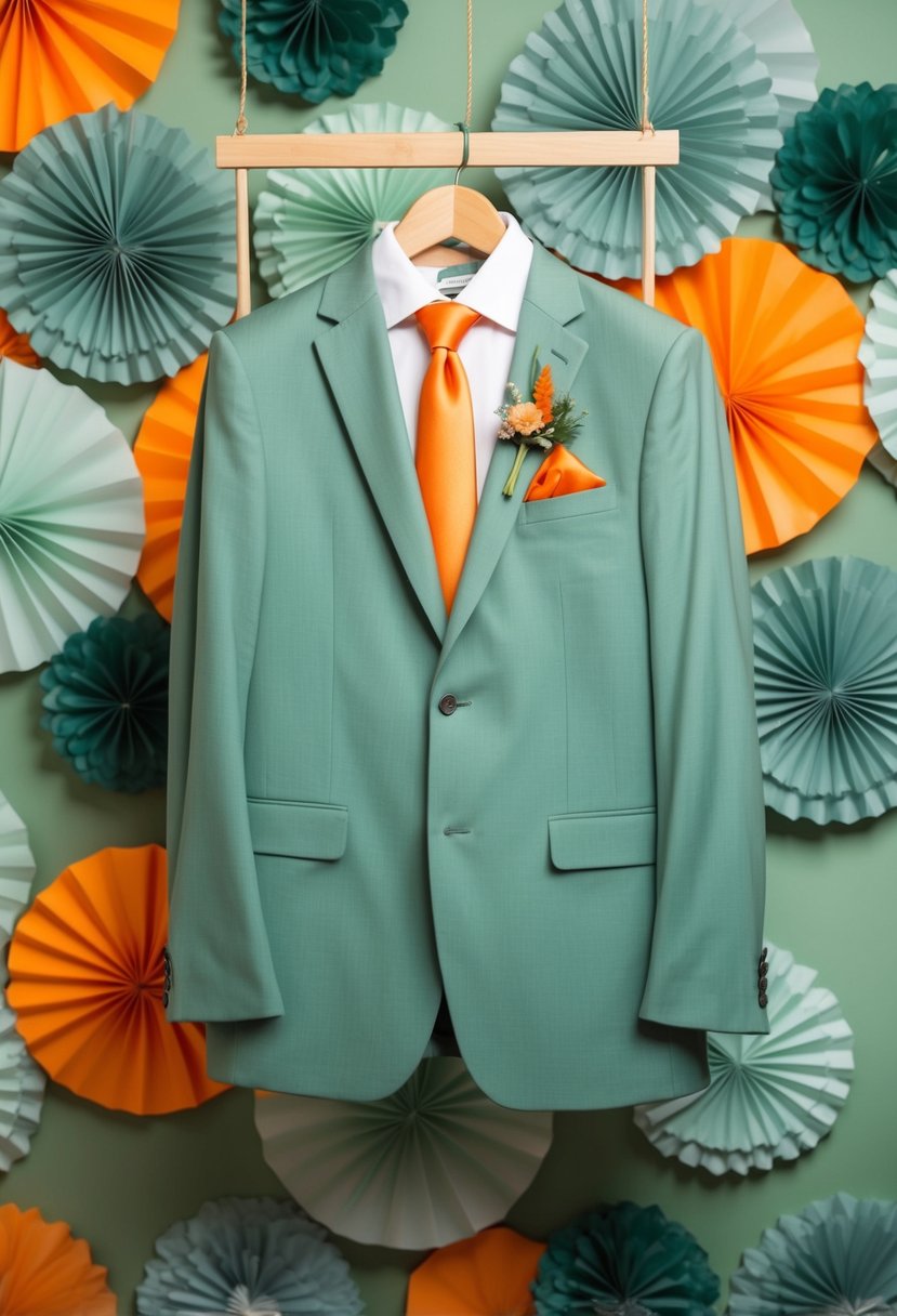 A sage green suit with an orange tie hangs on a wooden hanger against a backdrop of sage green and orange wedding decor