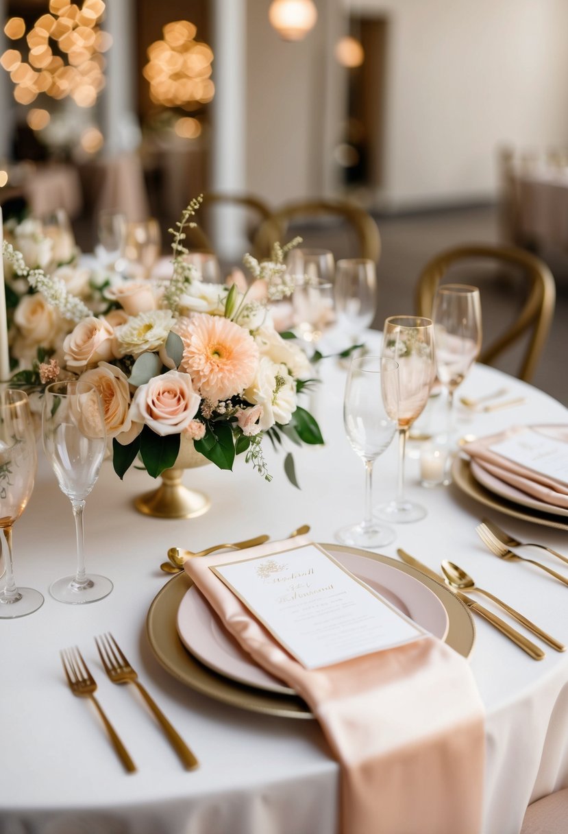 A serene wedding table setting with soft champagne and peach-colored linens, delicate floral centerpieces, and elegant gold accents