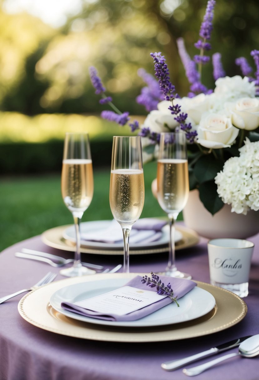 A table set with champagne and lavender-hued decorations