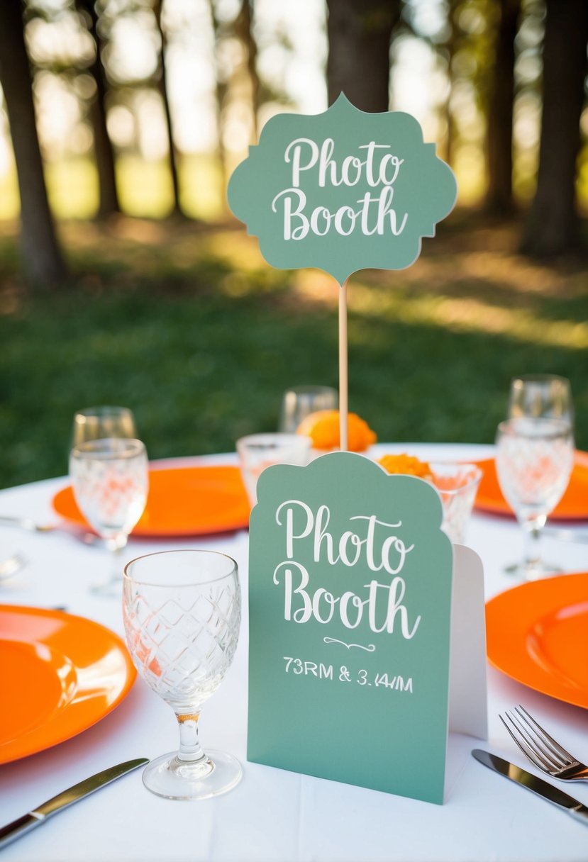 A table set with orange and sage green photo booth props for a wedding