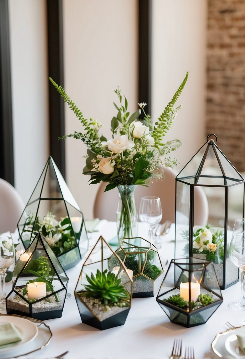 A table adorned with various geometric terrariums in different shapes and sizes, filled with lush greenery and delicate flowers, creating an elegant and modern wedding centerpiece