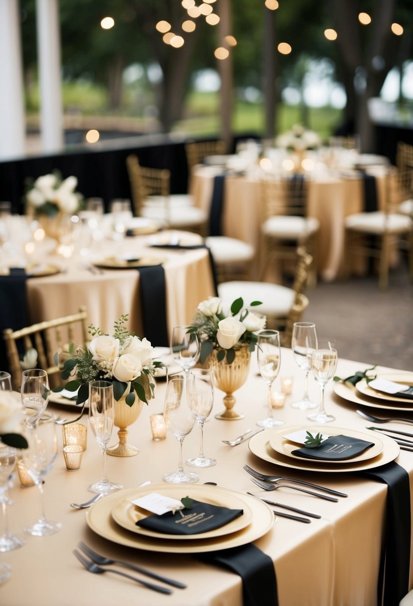 A champagne-colored wedding table set with black tie accents