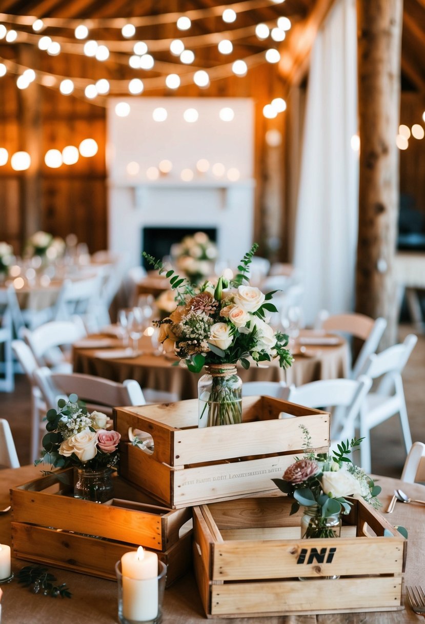 Rustic wooden crates arranged as wedding table decor with flowers and candles