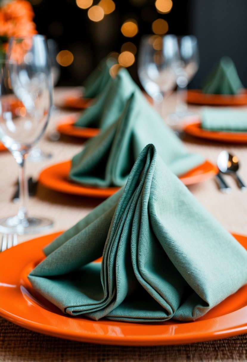 Sage green napkins folded neatly on orange place settings