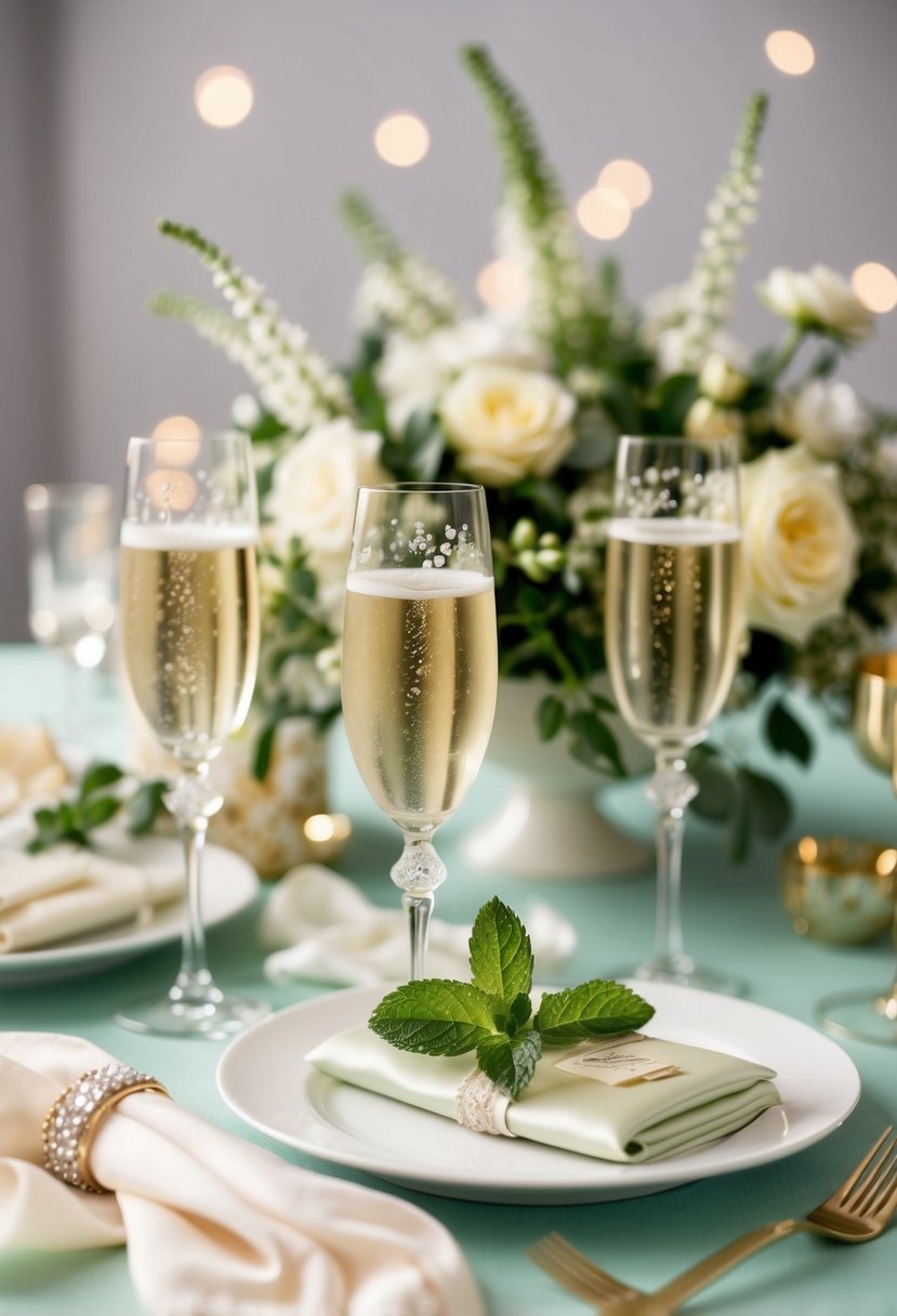 A whimsical champagne and mint wedding scene with delicate floral arrangements, flowing fabrics, and sparkling champagne glasses