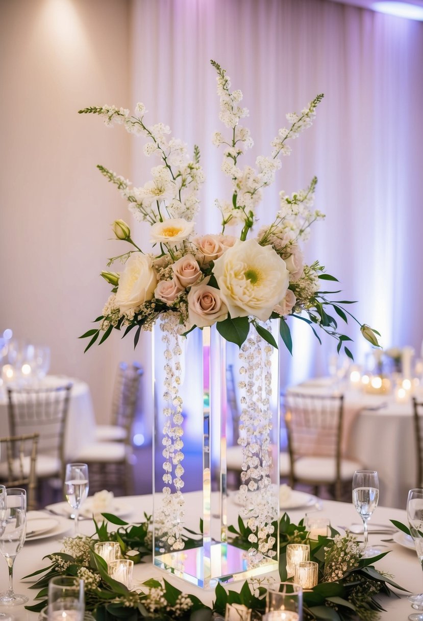 An elegant, iridescent acrylic centerpiece adorned with delicate flowers and shimmering crystals, set atop a beautifully decorated wedding table