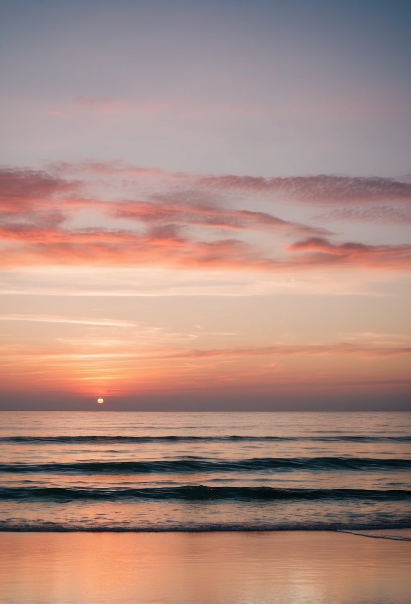 A serene beach at sunset with champagne and coral hues reflecting off the calm ocean waves