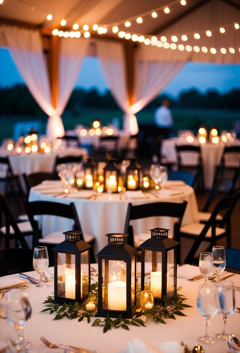 A table set with lantern centerpieces, casting a warm glow over the wedding reception