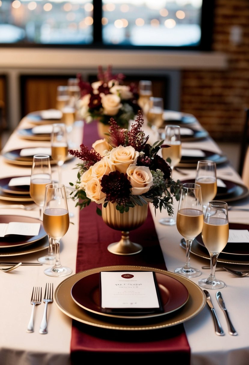 A table set with warm champagne and burgundy accents, floral centerpieces, and elegant glassware for a wedding celebration