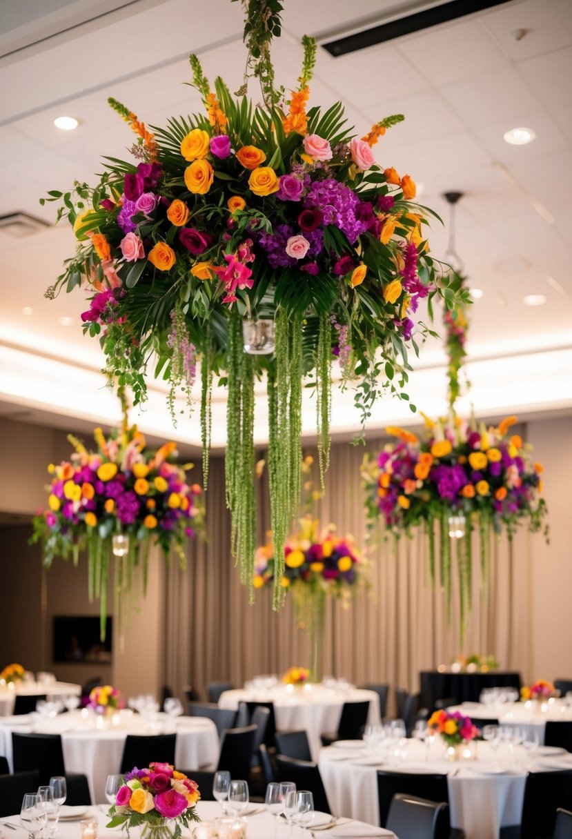 Vibrant floral arrangements suspended above elegant wedding tables, creating a stunning and unique decorative display