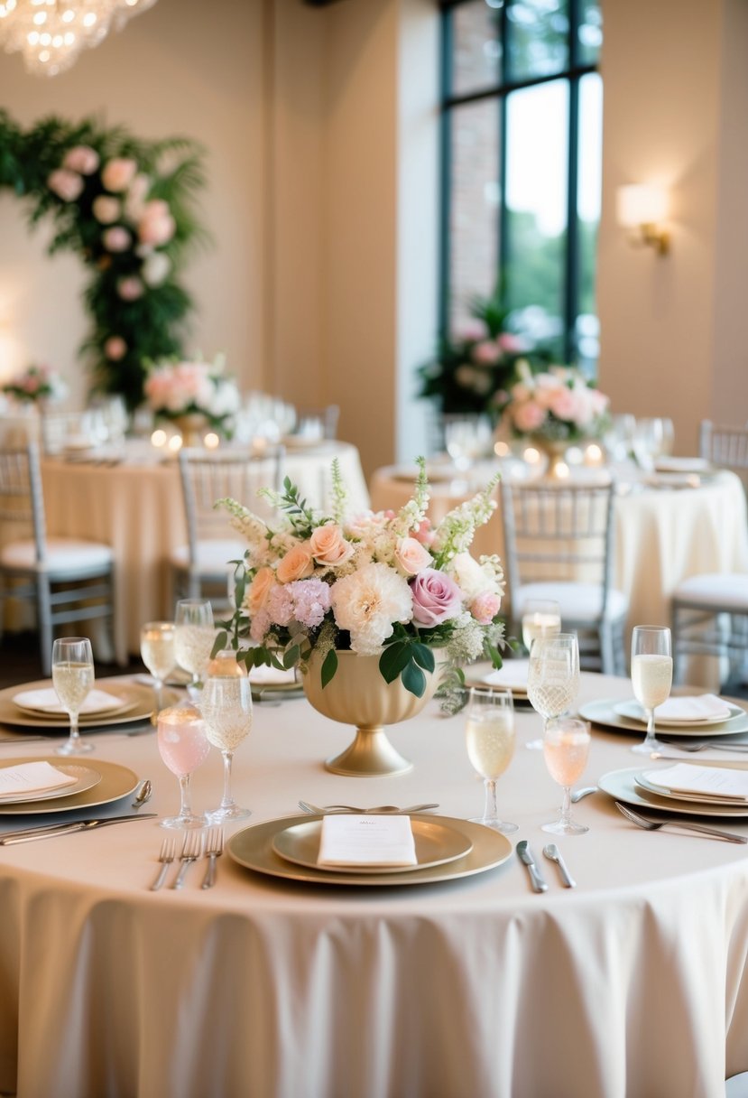 A champagne-colored wedding table adorned with pastel-hued flowers and decor