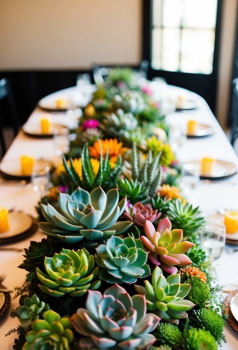 A table adorned with vibrant succulents in various shapes and sizes, arranged in an elegant and artistic manner, creating a stunning centerpiece for a wedding celebration