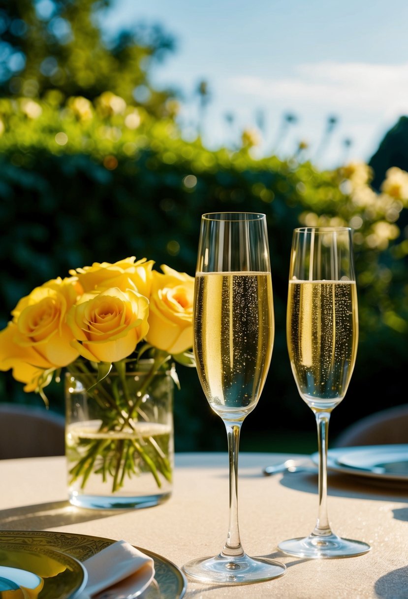 A sunlit garden with yellow roses and champagne glasses on a table