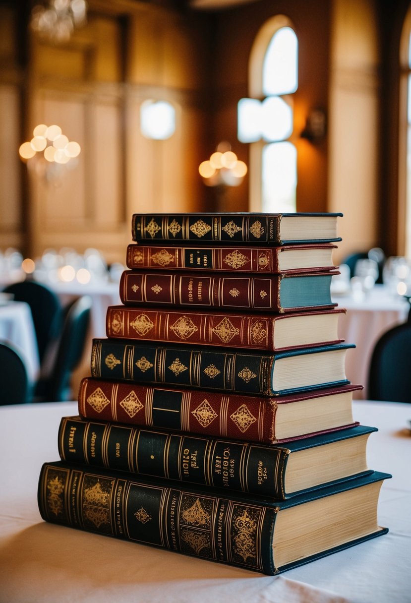 Vintage books stacked as risers for wedding table centerpieces