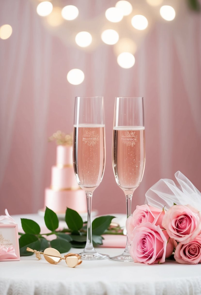 A light pink wedding scene with roses, tulle, and champagne glasses