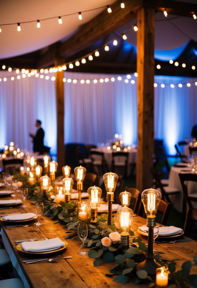 A rustic wooden table adorned with Edison bulb arrangements in various sizes and shapes, casting a warm and inviting glow over the wedding reception