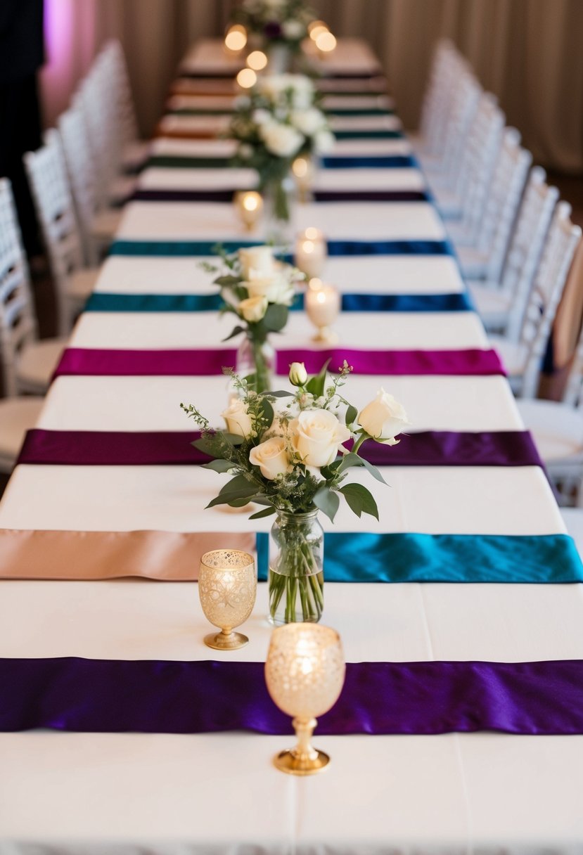 A long table adorned with custom table runners in various colors and patterns, adding a personalized touch to a wedding reception