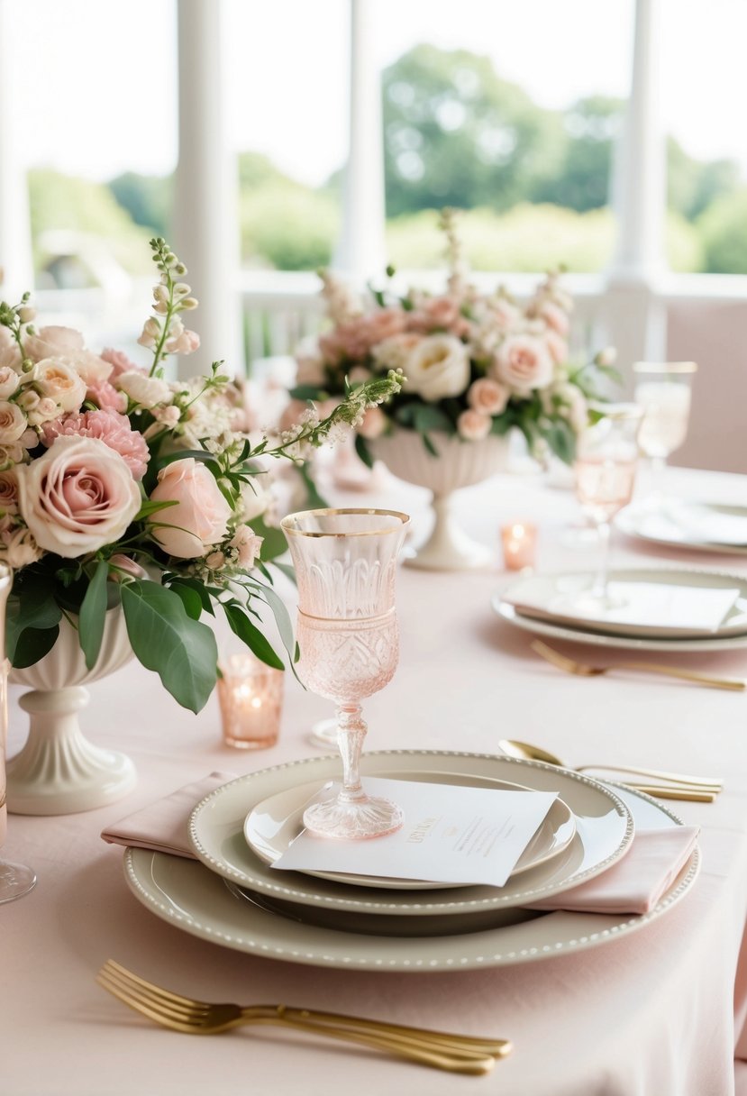 A soft pink and ivory wedding table set with delicate flowers and elegant tableware