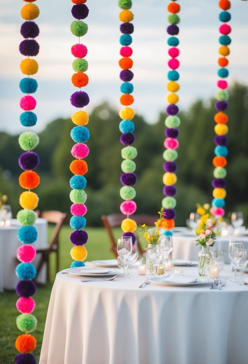 Colorful pom-pom garlands draped across a wedding table, adding a playful and festive touch to the decor