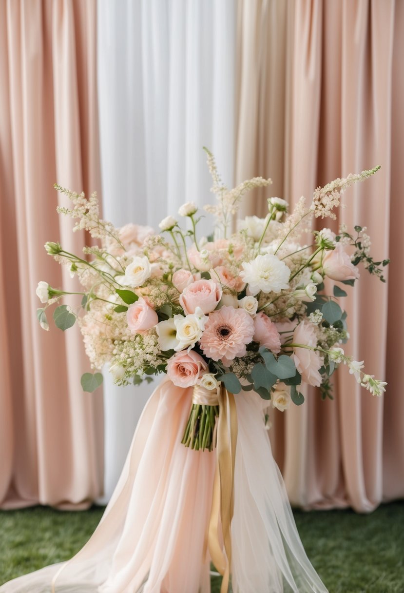 A soft pink and champagne color palette with delicate flowers and flowing fabrics in a romantic wedding setting