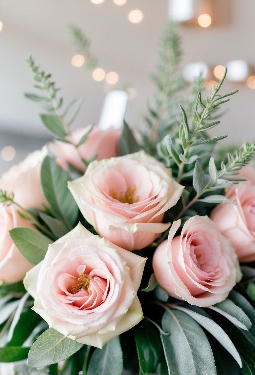 Soft pink roses and delicate sage leaves arranged in a charming wedding centerpiece