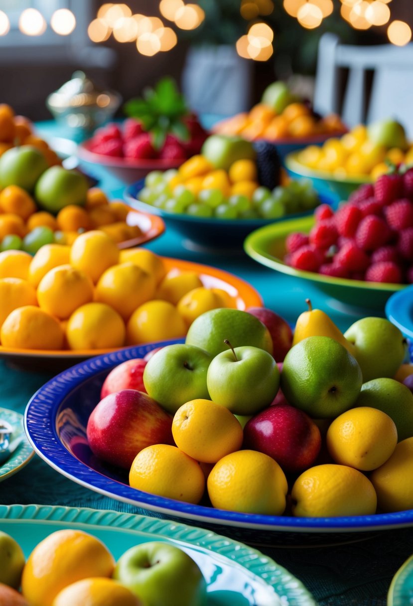 Colorful bowls filled with an assortment of fresh fruit, arranged on a table with decorative accents