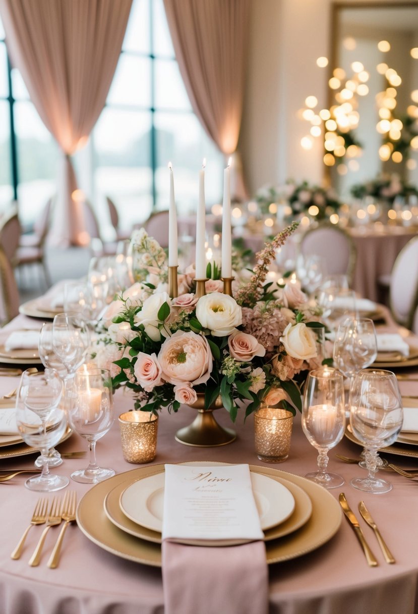 A lavish wedding table adorned with dusty pink and gold accents, featuring elegant floral arrangements and shimmering candlelight