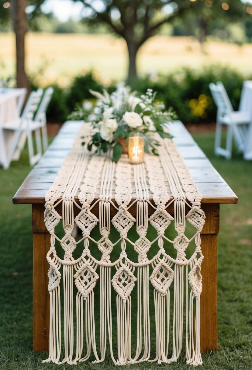 A beautifully crafted macramé table overlay adorns a rustic wooden table at an outdoor wedding reception. Delicate knots and intricate patterns create a bohemian and romantic atmosphere