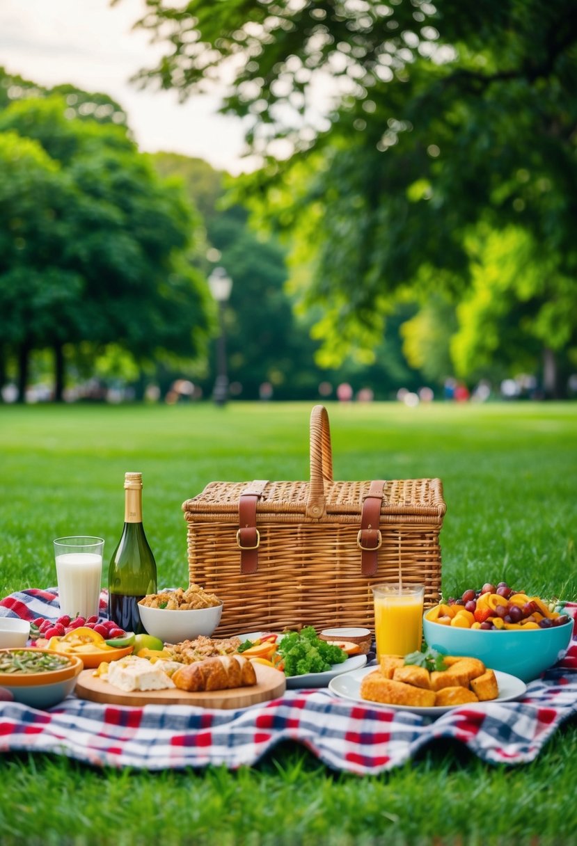 A picnic spread with a variety of foods arranged on a checkered blanket in a lush green park setting