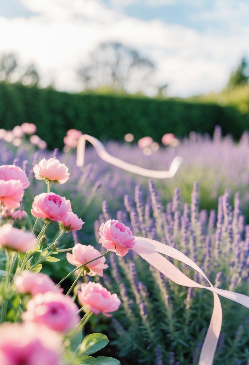 A soft pink and lavender garden with blooming flowers and delicate ribbons flowing in the breeze