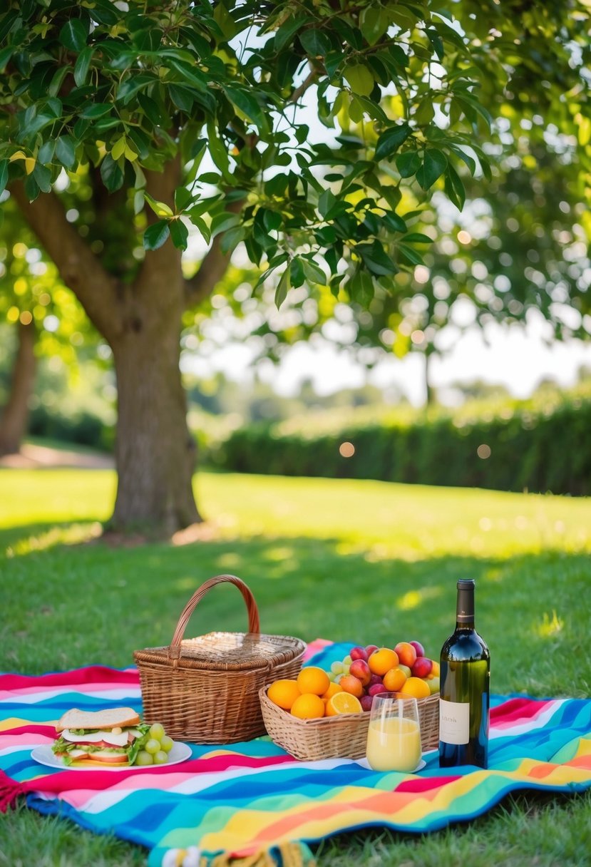 A colorful picnic blanket spread under a shady tree, surrounded by a basket of fresh fruits, sandwiches, and a bottle of wine