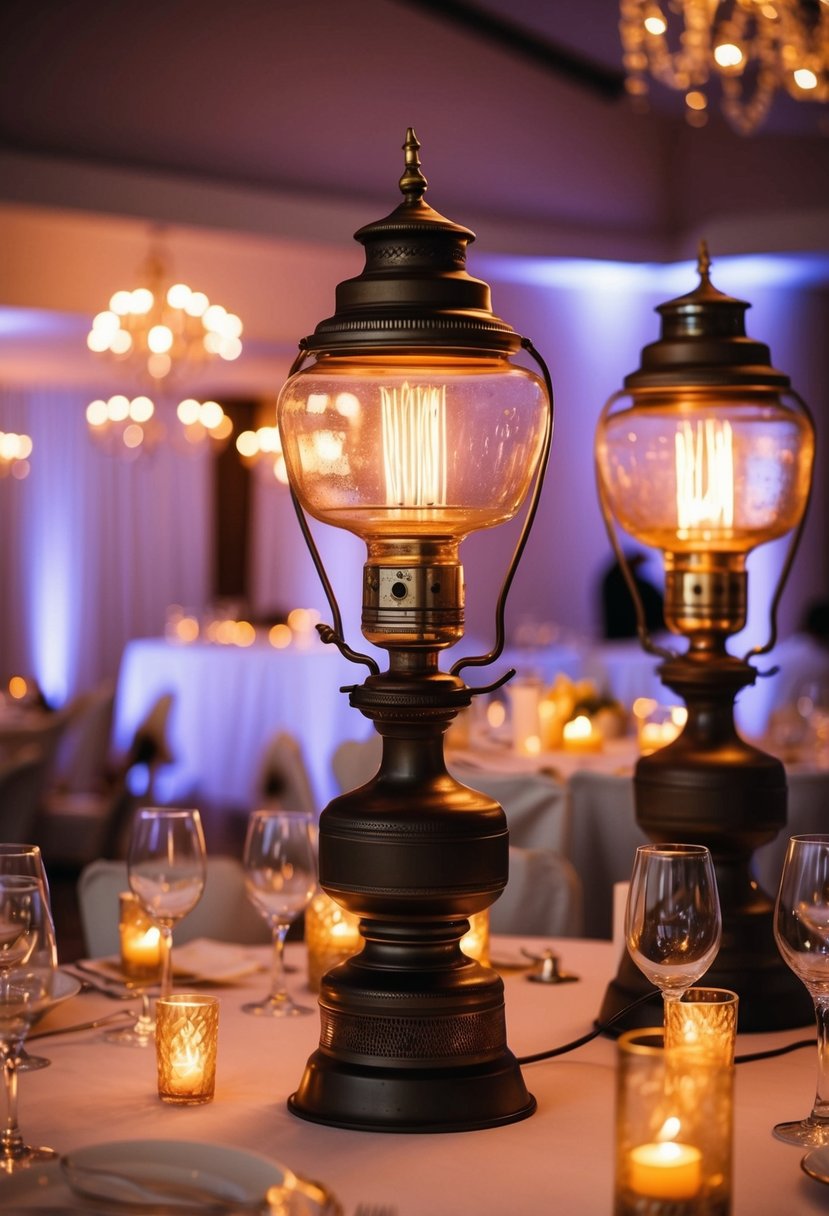 A table adorned with vintage oil lamps, casting a warm and romantic glow over a wedding reception