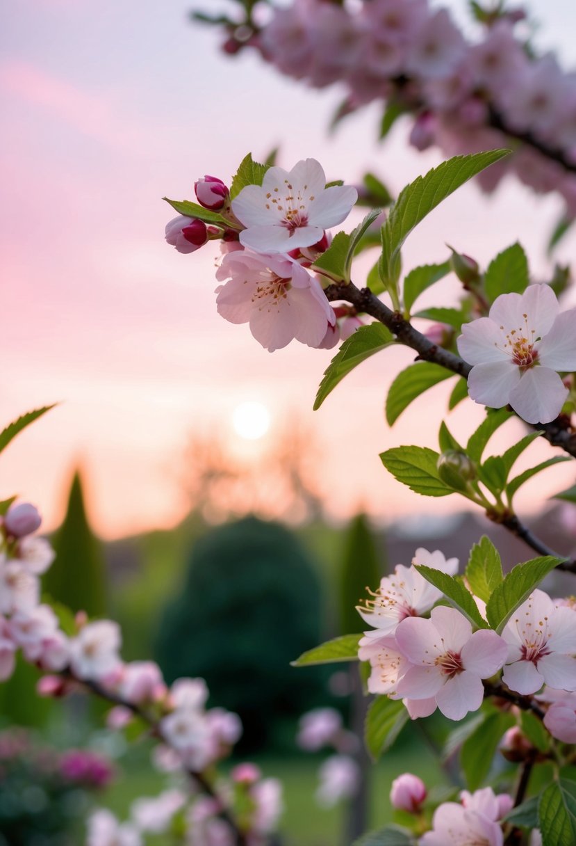 A serene garden with blooming cherry blossoms and fresh mint leaves under a soft pink sunset sky