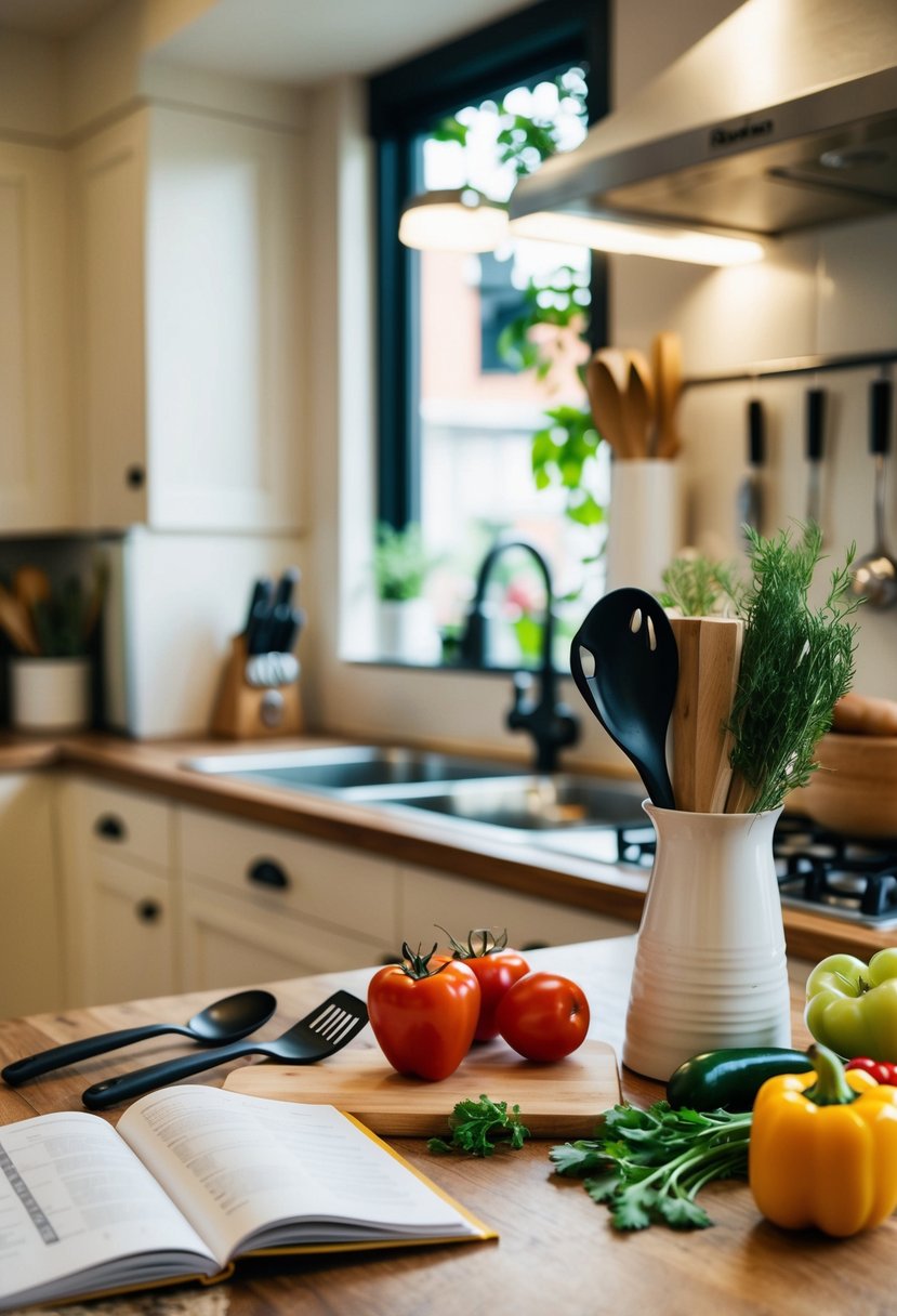 A cozy kitchen with two pairs of utensils, fresh ingredients, and a recipe book open on the counter