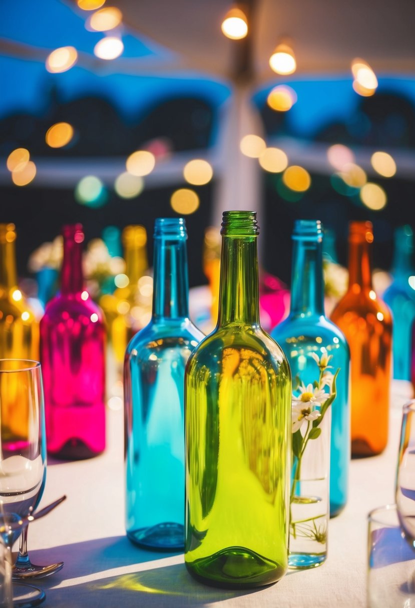 Vibrant glass bottles arranged as wedding table decor, catching light and casting colorful reflections