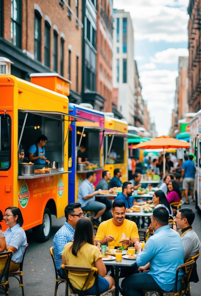 A bustling street with colorful food trucks serving a variety of cuisines, surrounded by eager customers enjoying their meals at outdoor tables