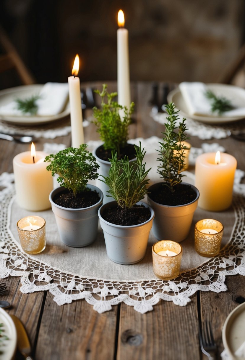 Miniature potted herbs arranged on a rustic wooden table, surrounded by delicate lace and candles, creating a charming wedding centerpiece