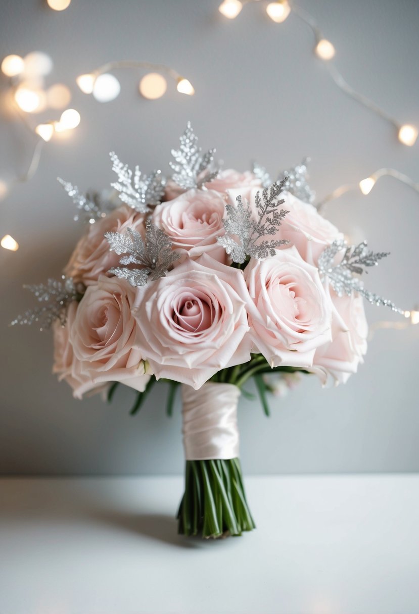 A soft light pink wedding bouquet with silver sparkle accents