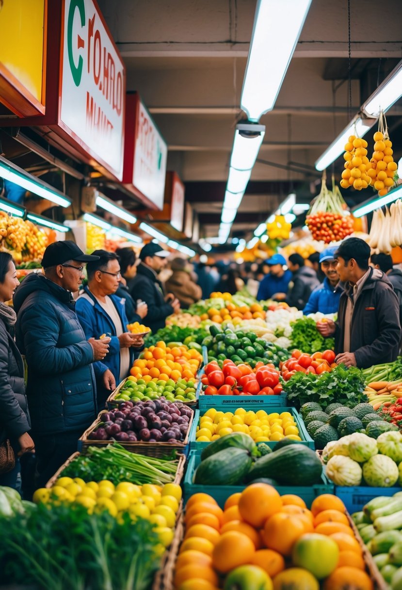 Crowded market stalls display colorful fruits and vegetables. Vendors chat with customers, while the scent of fresh produce fills the air