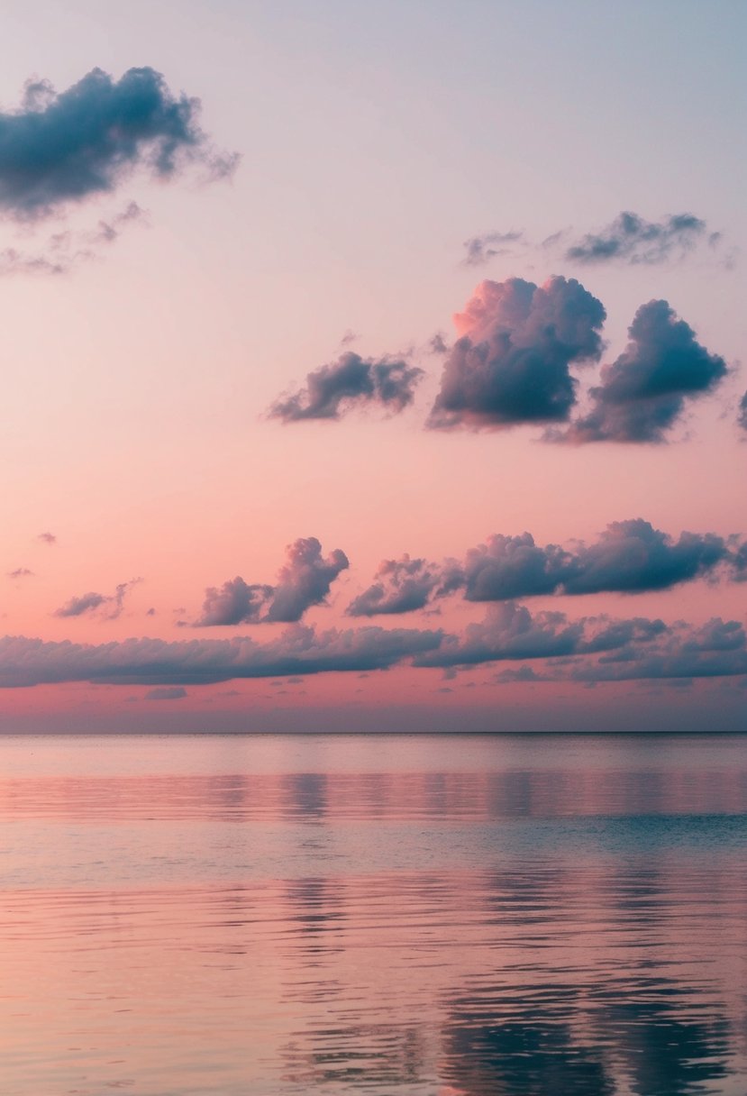 A serene beach at sunset, with coral pink and light gray clouds reflecting in the calm, pink-tinged water